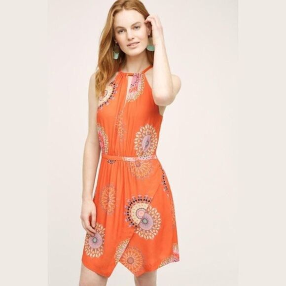 Anthropologie Halter Dress Small 6 orange paisley - Picture 2 of 11